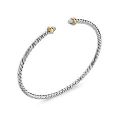 David Yurman Micro Cable Flex Bracelet in Sterling Silver with 14K Yellow Gold and Diamonds, 2.6mm
