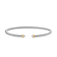 David Yurman Micro Cable Flex Bracelet in Sterling Silver with 14K Yellow Gold and Diamonds, 2.6mm