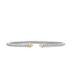 David Yurman Micro Cable Flex Bracelet in Sterling Silver with 14K Yellow Gold and Diamonds, 2.6mm