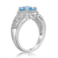 Genuine Blue Topaz and White Topaz Halo Sterling Silver Ring