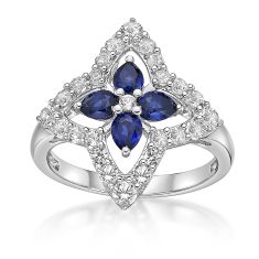 Pear Created Blue Sapphire Flower and Created White Sapphire Accent Sterling Silver Ring 1