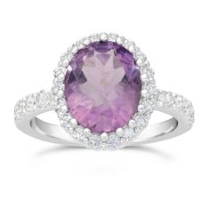 Oval Amethyst and White Topaz Halo Sterling Silver Ring