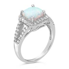 Cushion Created Opal and White Topaz Halo Sterling Silver Ring