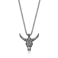 image of Men's Black Spinel Bull Head Oxidized Sterling Silver Pendant Necklace with sku:BM0126P1BS-SIL