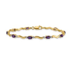 Oval Amethyst and Diamond Accent 14k Yellow Gold Wavy Link Bracelet 1