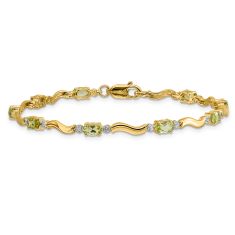 Oval Peridot and Diamond Accent 14k Yellow Gold Wavy Link Bracelet