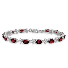 Oval Garnet and 1/10ctw Diamond 14k White Gold Floral Link Bracelet