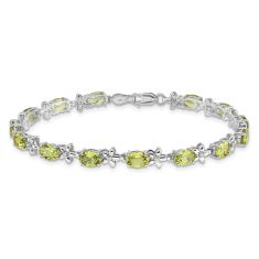Oval Peridot and 1/10ctw Diamond 14k White Gold Floral Link Bracelet 1