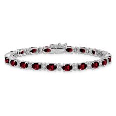 Oval Garnet and 1/10ctw Diamond 14k White Gold Link Bracelet