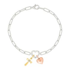 1/20ctw Diamond Tri-Tone Heart and Cross Charm Bracelet 1