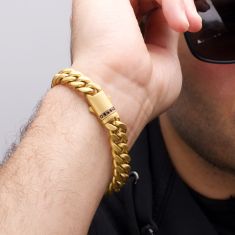 INOX Black Sapphire Gold Ion-Plated Stainless Steel 10mm Miami Cuban Chain Bracelet