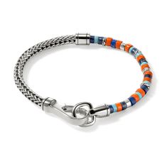 John Hardy Heishi Lapis Lazuli, Turquoise, Orange Enamel Bead and Sterling Silver Chain Bracelet