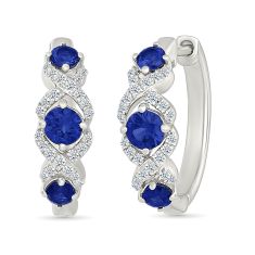 Created Blue Sapphire and Created White Sapphire Sterling Silver Hoop Earrings