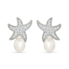 Freshwater Cultured Pearl and Created White Sapphire Sterling Silver Starfish Earrings 1