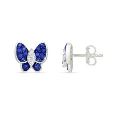 Created Blue Sapphire and Created White Sapphire Sterling Silver Butterfly Stud Earrings
