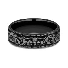 Black and Grey Titanium 6.5mm Longhorn Script European Comfort Fit Wedding Band