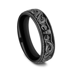 Black and Grey Titanium 6.5mm Longhorn Script European Comfort Fit Wedding Band