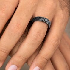 Black and Grey Titanium 6.5mm Longhorn Script European Comfort Fit Wedding Band