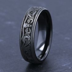 Black and Grey Titanium 6.5mm Longhorn Script European Comfort Fit Wedding Band