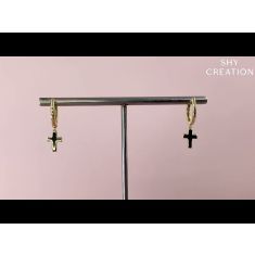 Shy Creation 1/20ctw Diamond Cross Charm Yellow Gold Huggie Hoop Earrings