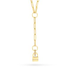 14k Yellow Gold Paperclip Chain Push Lock Lariat Necklace