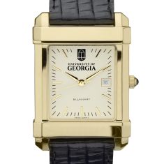 University of Georgia Gold-Tone Quad Black Leather Strap Watch 35mm by M.LaHart & Co.