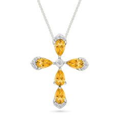 Citrine and Created White Sapphire Cross Sterling Silver Pendant Necklace