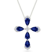 Created Blue Sapphire and Created White Sapphire Cross Sterling Silver Pendant Necklace
