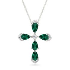 Created Emerald and Created White Sapphire Cross Sterling Silver Pendant Necklace