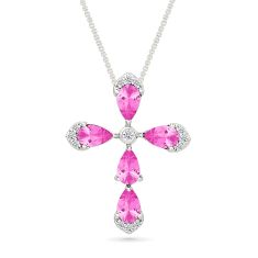 Created Pink Sapphire and Created White Sapphire Cross Sterling Silver Pendant Necklace