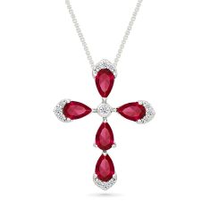 Created Ruby and Created White Sapphire Cross Sterling Silver Pendant Necklace