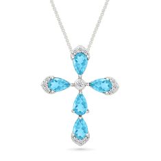 Blue Topaz and Created White Sapphire Cross Sterling Silver Pendant Necklace