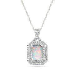 Created Opal and Created White Sapphire Sterling Silver Pendant Necklace