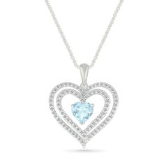 Aquamarine and Created White Sapphire Heart Sterling Silver Pendant Necklace 1