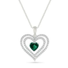 Created Emerald and Created White Sapphire Heart Sterling Silver Pendant Necklace