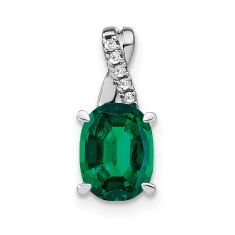 Oval Created Emerald and Diamond Accent 14k White Gold Chain Slide Pendant