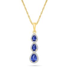 Created Blue Sapphire and 1/6ctw Diamond 10k Yellow Gold Three-Stone Pendant Necklace 1