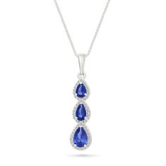 Created Blue Sapphire and Created White Sapphire Sterling Silver Three-Stone Pendant Necklace