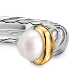 David Yurman Petite Cable Open Ring in Sterling Silver with 14K Yellow Gold and Pearls, 3.4mm