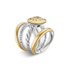 David Yurman DY Mercer Four Row Stone Ring in Sterling Silver with 18K Yellow Gold, Champagne Citrine and Diamonds, 14mm