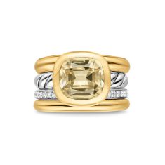David Yurman DY Mercer Four Row Stone Ring in Sterling Silver with 18K Yellow Gold, Champagne Citrine and Diamonds, 14mm