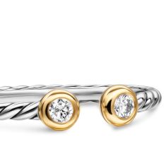 David Yurman Cable Open Round Ring in Sterling Silver with 18K Yellow Gold and Diamonds, 3.9mm
