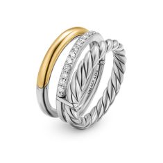 David Yurman DY Mercer Three Row Ring in Sterling Silver with 18K Yellow Gold and Diamonds, 8.9mm