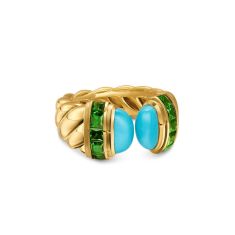 David Yurman Sculpted Cable Open Cocktail Ring in 18K Yellow Gold with Turquoise and Tsavorites, 12.4mm 1
