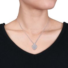 1ctw Diamond Sterling Silver Triple Chain Heart Pendant Necklace