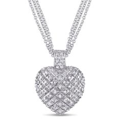 1ctw Diamond Sterling Silver Triple Chain Heart Pendant Necklace 1