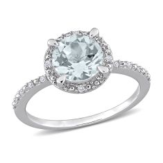 Aquamarine and 1/20ctw Diamond Halo Sterling Silver Ring