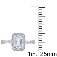 Emerald-Cut Aquamarine and 1/20ctw Diamond Halo Sterling Silver Ring