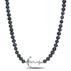 Men's 7-7.5mm Black Freshwater Cultured Pearl Anchor Charm Sterling Silver Necklace  1