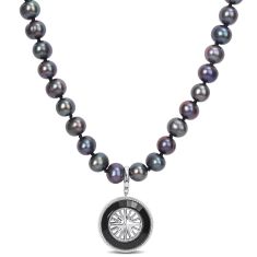 Men's 7-7.5mm Black Freshwater Cultured Pearl and Black Agate Compass Sterling Silver Necklace 1